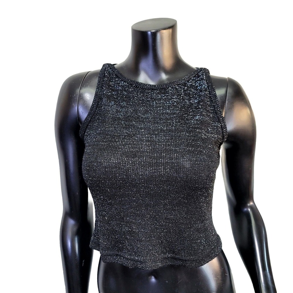 Vintage 90s Selections Size S Black Metallic Knit Crop Tank Top Y2K Clubwear - Picture 2 of 7
